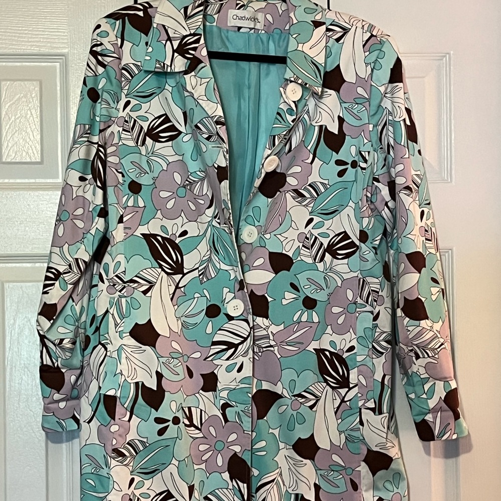 Chadwick’s Long Patterned Jacket in blues, lavender, and dark brown. Size 16.